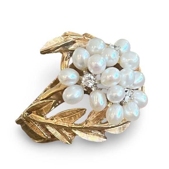 Jewelry - Mid-Century 14 K Solid Gold Seed Pearl Diamond Laurel Wreath Ring Size 6.5